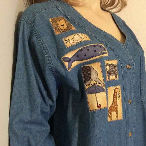 PTNY Denim : long-sleeved v-neck shirt with Noah's Ark Animals Appliqued! Size M - Picture 3 of 7